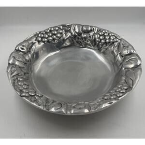 Vintage Solid Mexican Pewter 14-3/4” Fruit Grapes Apples Centerpiece Bowl